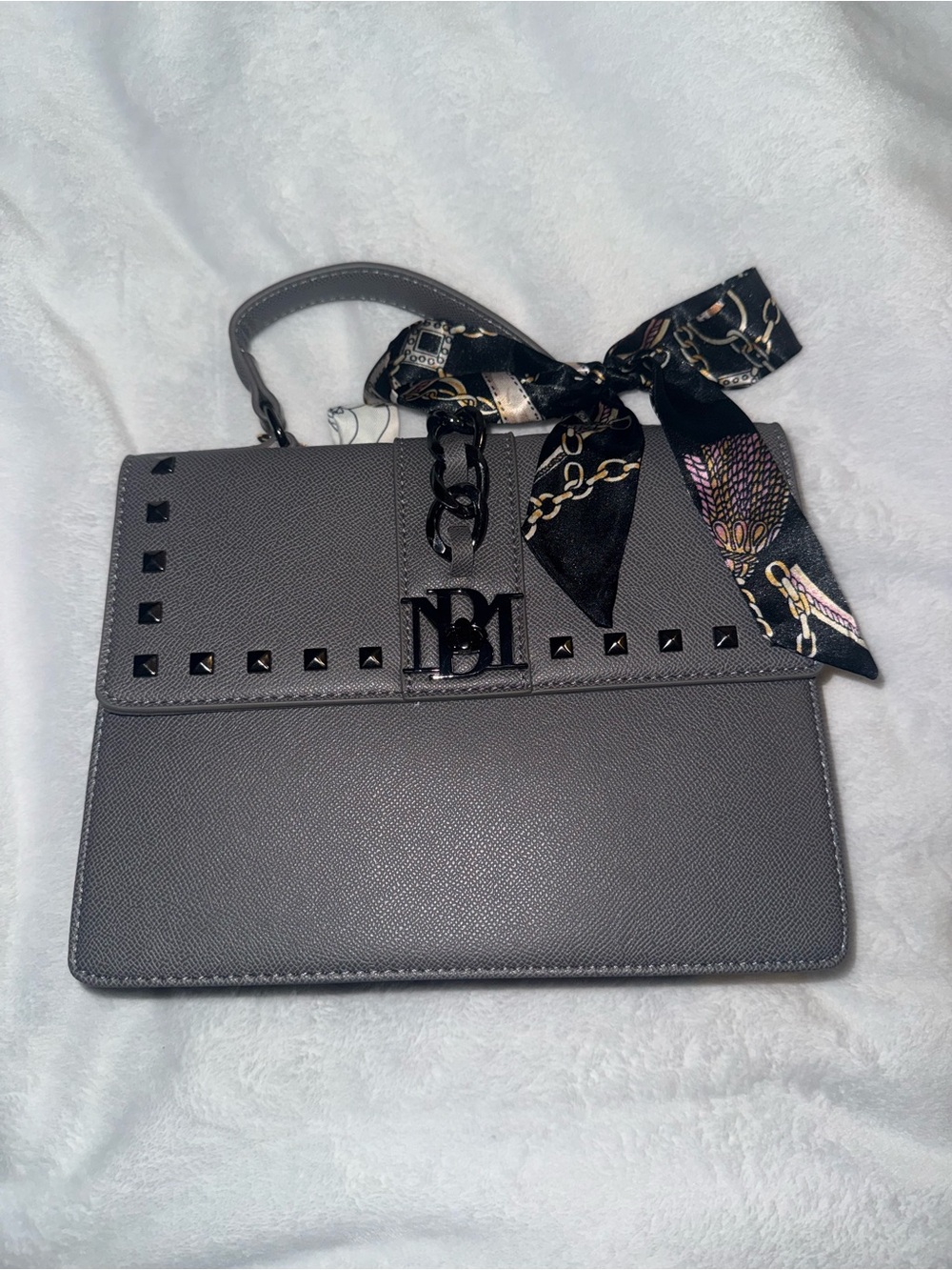 Badgley Mischka Gray Top-Handle Satchel with Stud Detail and Scarf